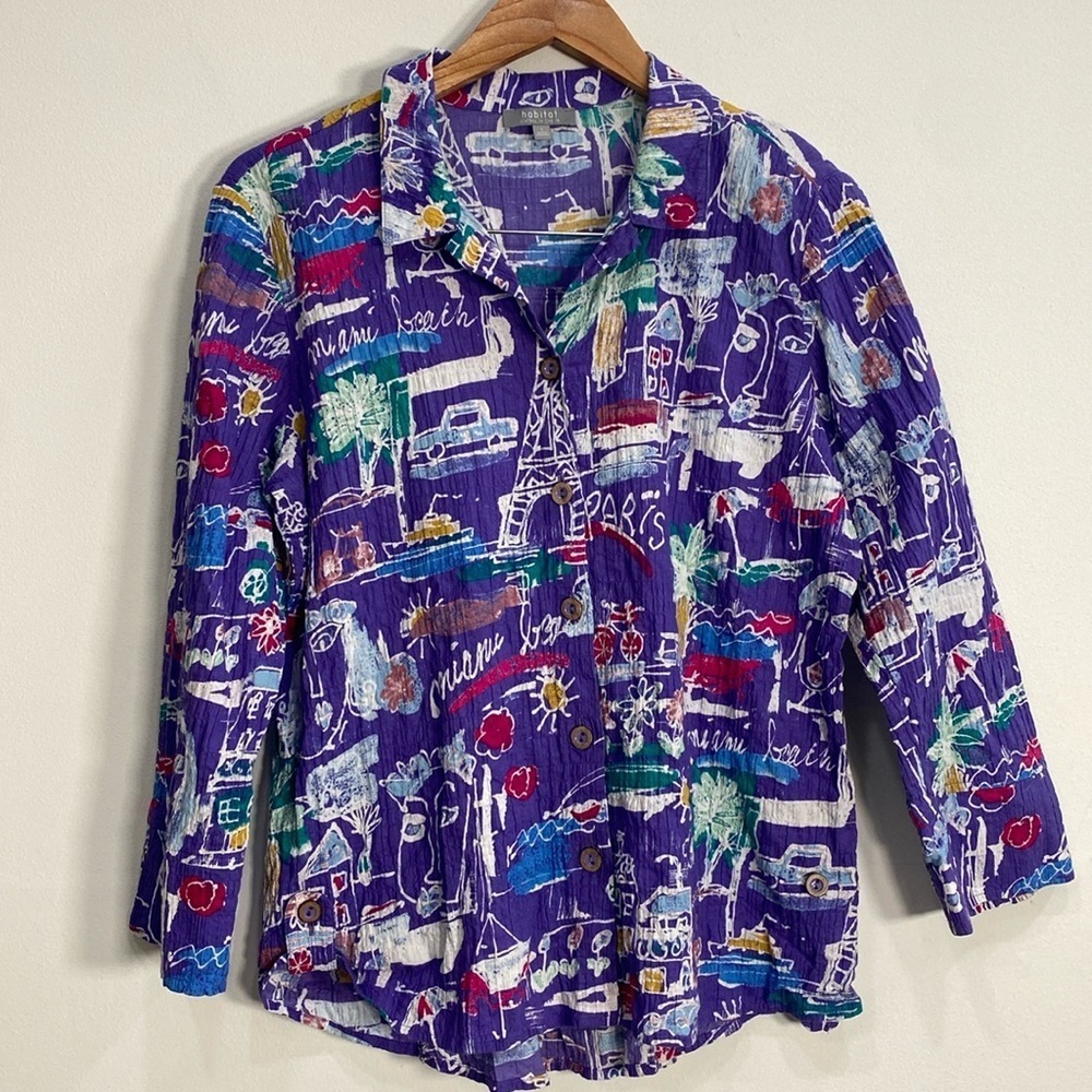 Habitat Art to Wear Crinkle Blouse Miami Paris Print Small NWT